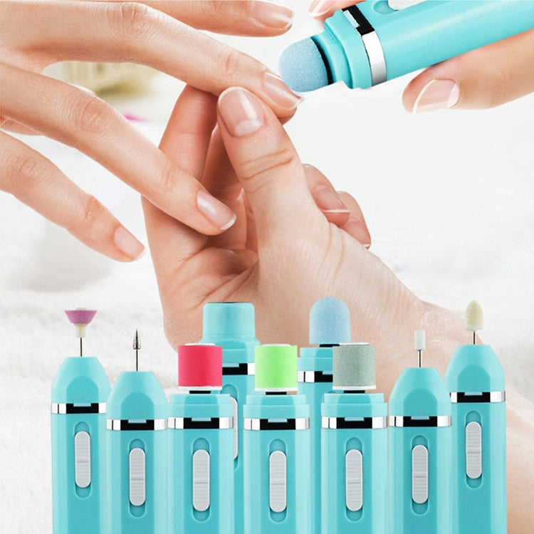 Turquoise nail polisher kit with sanding attachments and handpiece for manicure