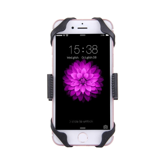 Black bicycle phone holder with stretch clip gripping a phone front view