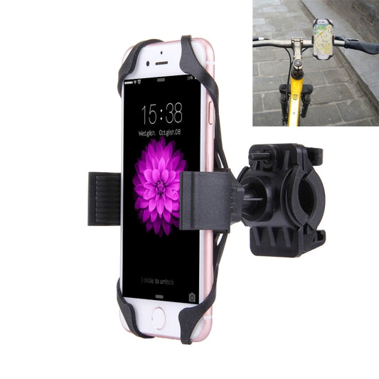 Black bicycle phone holder with flexible clip, secures phone and rotates 360°