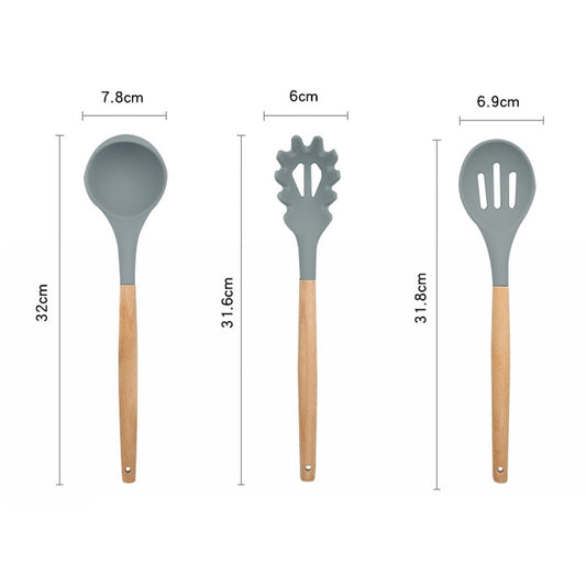 Silicone ladle with wood handle and heat-resistant bowl; dimensions shown