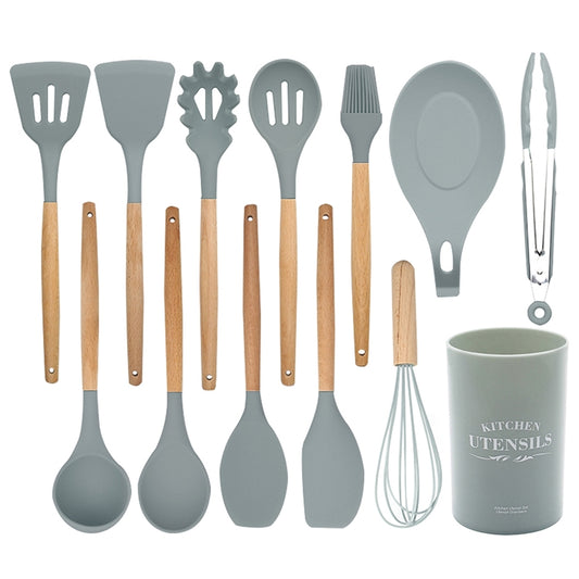 13-piece silicone cooking utensil set with wood handles and large storage container