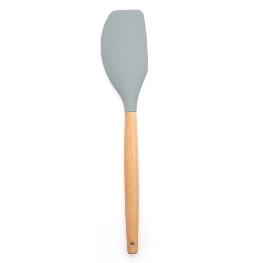 Gray silicone spatula with wooden handle for mixing cake batter and cream