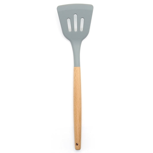 Silicone cooking shovel with slotted head and light wood handle