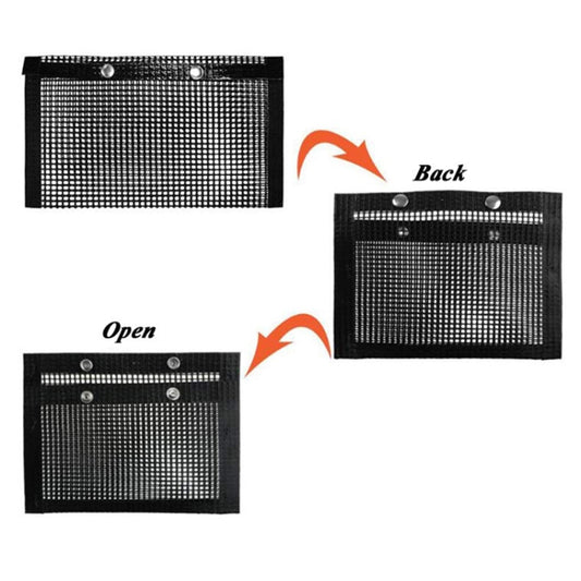 Folding grilling mesh BBQ bag with two snap buttons; open and back views shown.