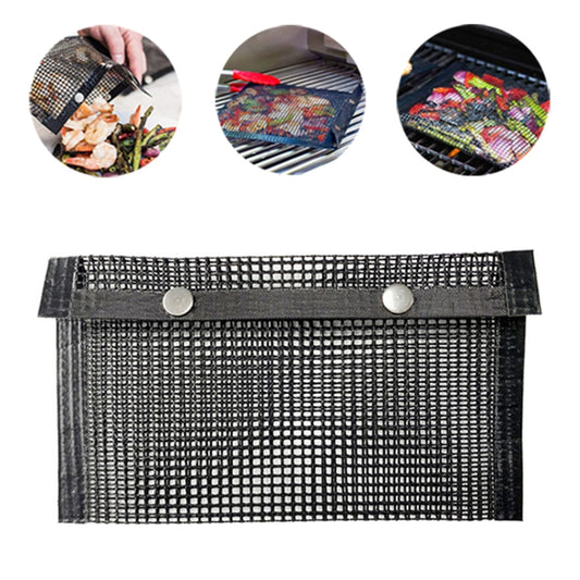Heat-resistant grilling mesh BBQ bag, black with two snap buttons on top hem.