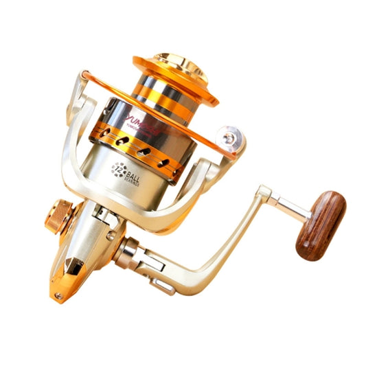 Gold and silver spinning fishing reel with wooden handle and orange-banded spool