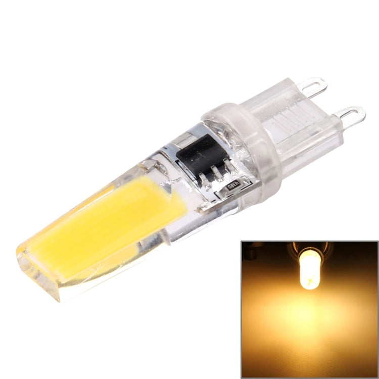 Transparent LED dimmable plug bulb glowing warm yellow light with two pins
