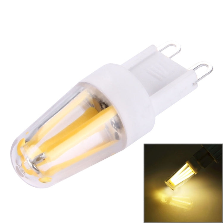 G9 dimmable LED bulb with warm yellow glow, clear glass and two-pin base