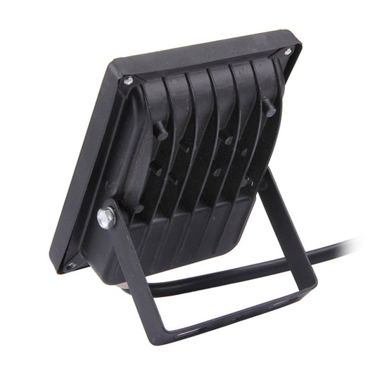 Black LED flood light rear with ribbed heat sink and adjustable mounting bracket.