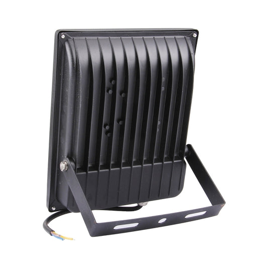 Black LED floodlight with ribbed back panel, IP65 housing, and mounting bracket
