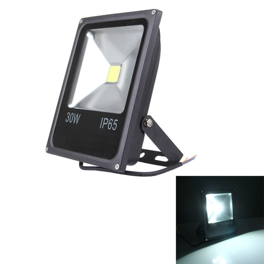 Black 30W LED floodlight with IP65 rating and glare-reducing lens