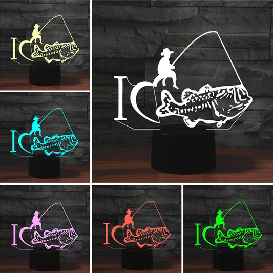 Multi-color 3D fishing LED table lamp with fish-and-fisher silhouette neon outline