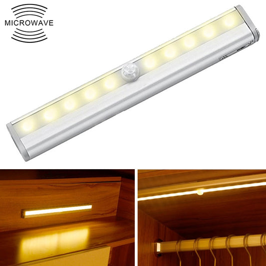 Warm white LED light bar with built-in motion sensor lens, silver aluminum housing