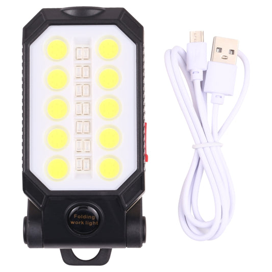Folding LED work light with charging cable, dark housing, rectangular LED panel
