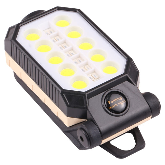 Folding LED work light with dark and beige housing, 12 bright LEDs