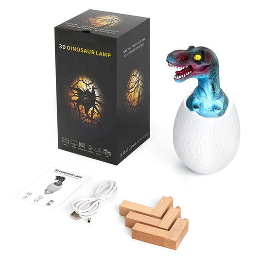 3D dinosaur night light set with egg-shaped lamp, wooden stand, and cable accessories