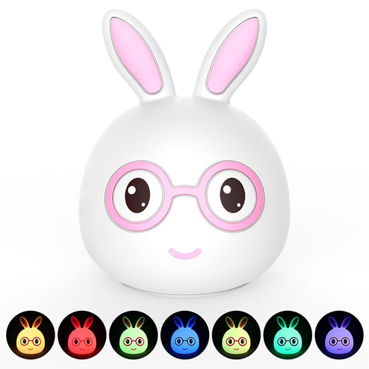 Pink smiling rabbit 3D LED night light with white round body and glasses