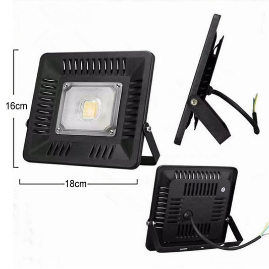 Black LED floodlight with adjustable stand, square lens, and heat sink ventilation fins