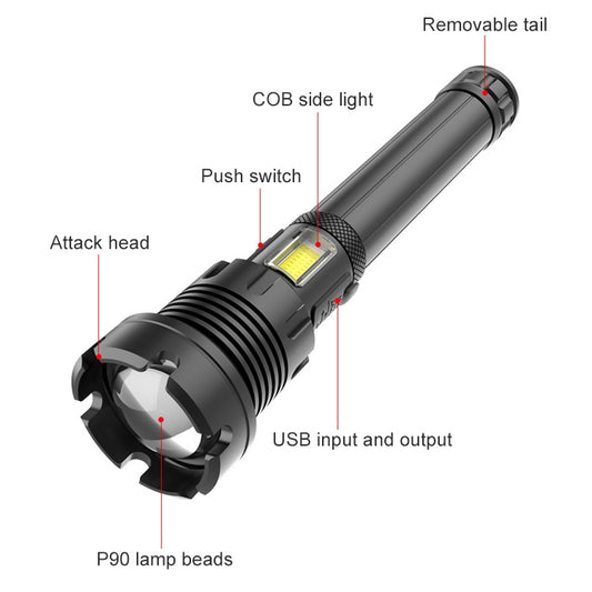 Black P90 LED flashlight with COB side light, push switch, and USB input/output area