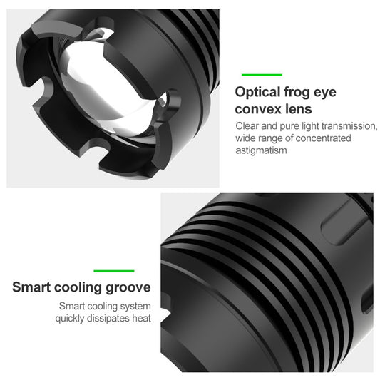 Black flashlight lens head detail with vented grooves and cooling design