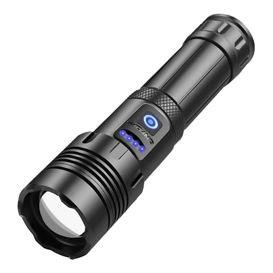 Black compact flashlight with illuminated power indicator and textured grip sleeve