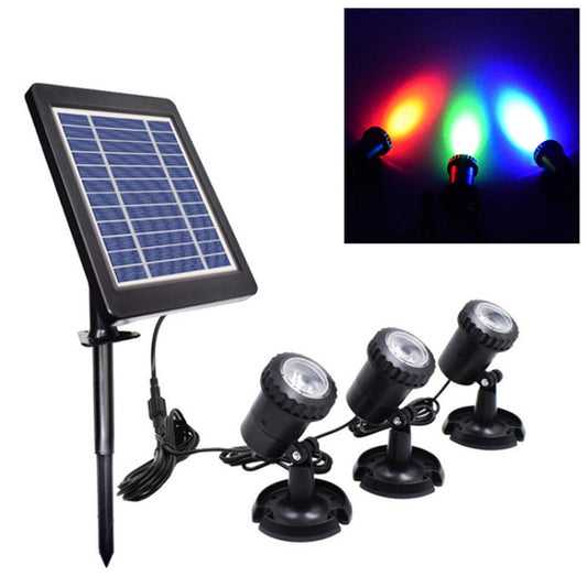 Solar-powered RGB light set with panel and three ground stake spotlights showing colored glow