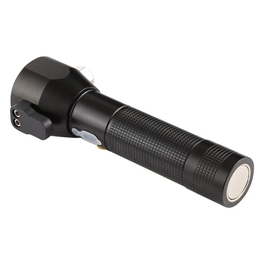 Black LED flashlight with textured handle and safety hammer head