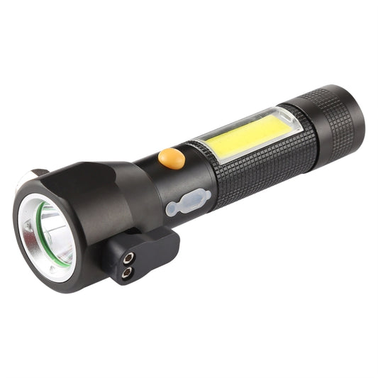 Black rechargeable LED flashlight with safety hammer and yellow light bar