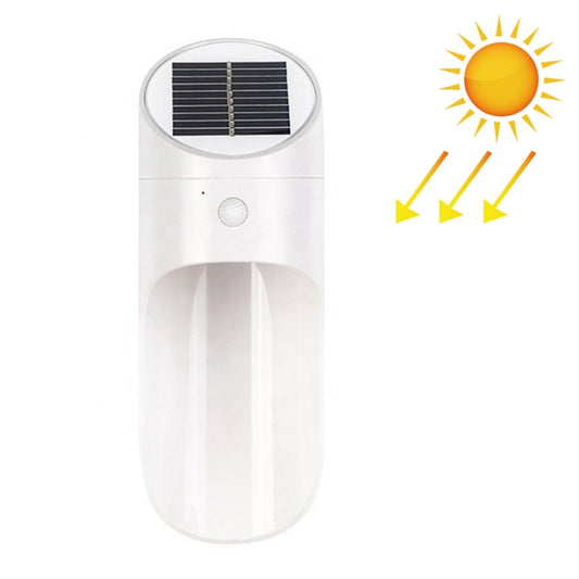 White solar LED wall light with round top solar panel and front motion sensor window