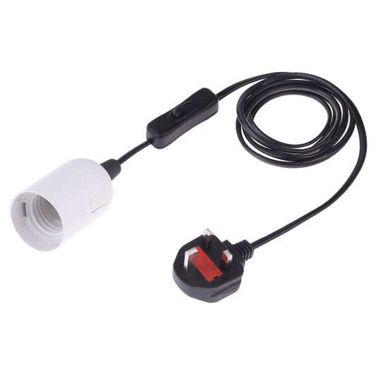 E27 lamp holder with white socket and black inline switch on extension cable, UK plug.