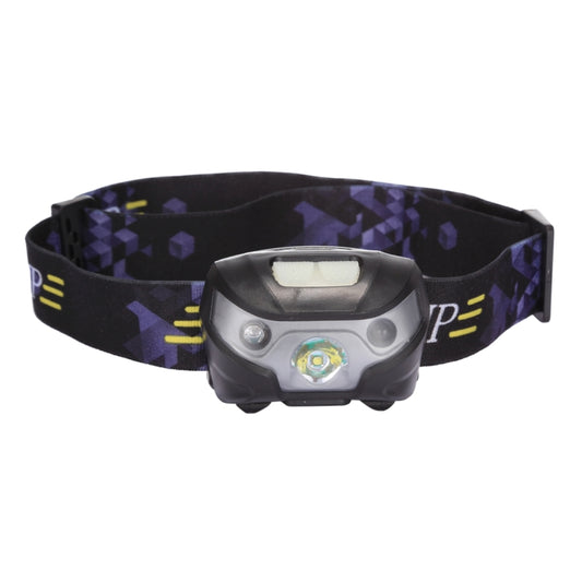 LED headlamp with front dual lenses and purple geometric patterned headband
