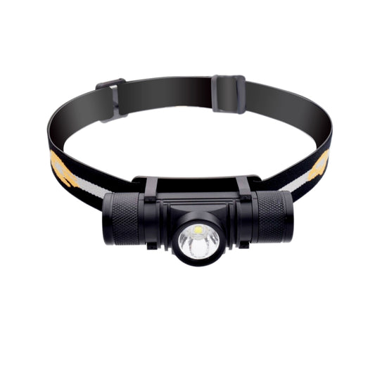 Adjustable LED headlamp with black head strap and front light module, yellow camo accents