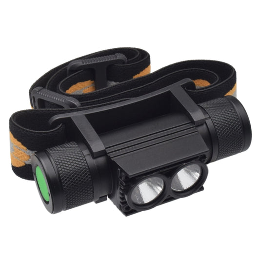 Black LED headlight with dual front bulbs, textured housing, and adjustable head strap