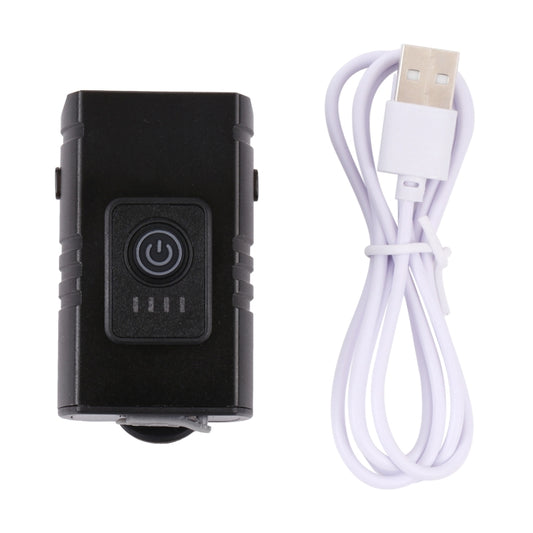 Black bike headlight with power button and white micro USB charging cable