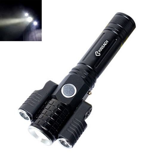 Black LED flashlight with side switch and ribbed grip, zoomable head beam.