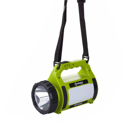 Lime green portable LED searchlight with carry strap and front spotlight lens