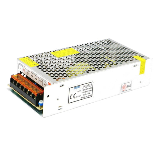 LED strip power supply in vented metal case, yellow labels, orange terminal strip