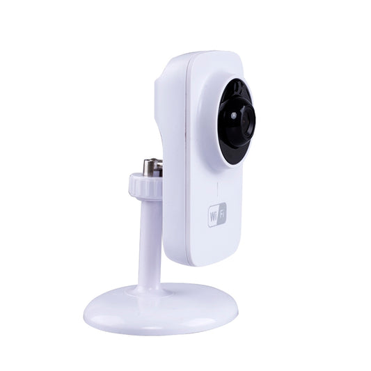 White Wi-Fi security camera in side profile on a round tabletop stand.