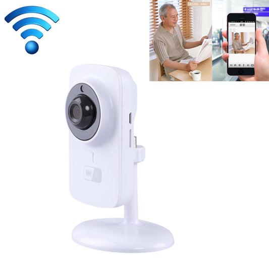 White tabletop security Wi-Fi camera with front lens and side port panel.