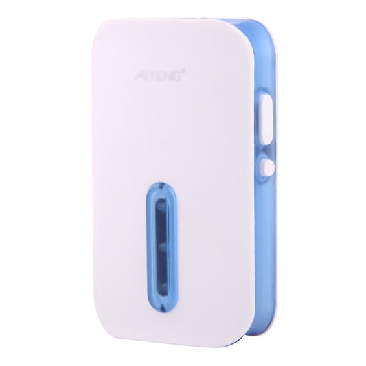 Waterproof doorbell transmitter with blue button, shown from the side in white housing
