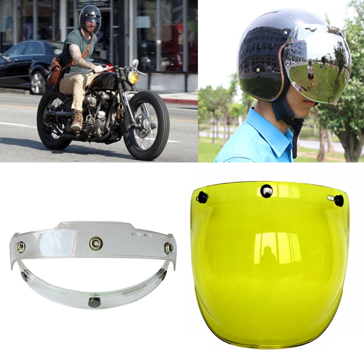 Motorcycle helmet visor with silver frame, glossy yellow tint