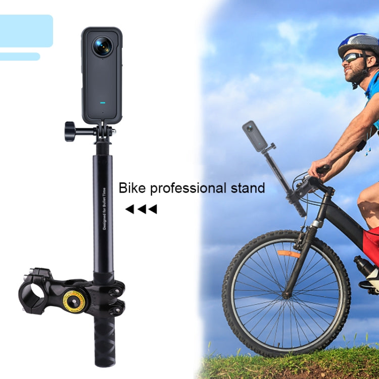 Bike camera mount with selfie stick stand and smartphone attached to handlebar
