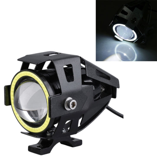 Black motorcycle LED headlamp with angel-eye ring and front mounting bracket