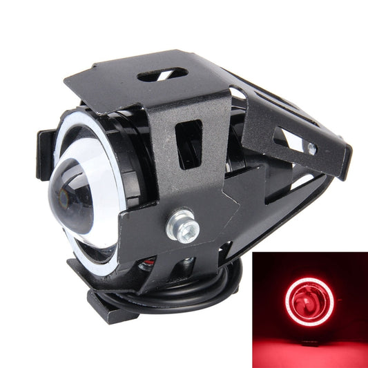 Black waterproof LED headlamp with red angel-eye ring light and circular projector lens
