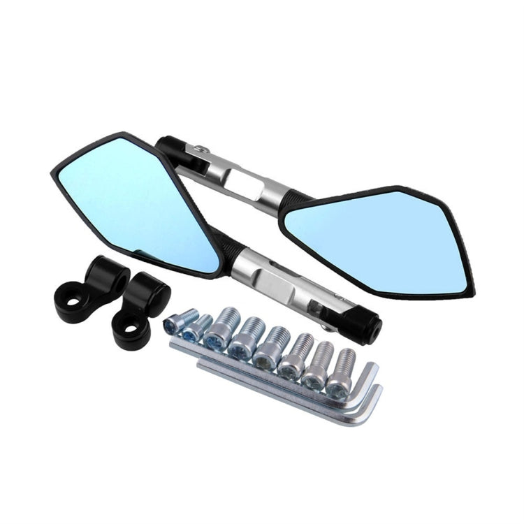 Motorcycle side rearview mirror set with blue reflective lenses and mounting hardware