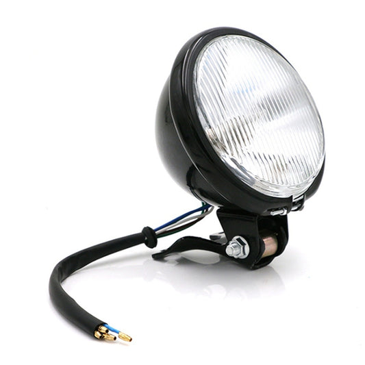 4-inch black motorcycle LED headlight, angled view with exposed wiring pigtail