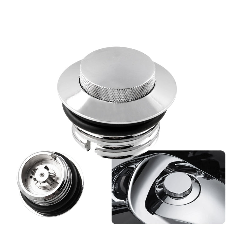 Silver flush pop-up motorcycle gas cap with textured center and ribbed base