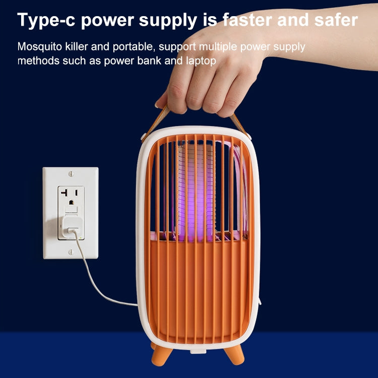 Orange mosquito killer shown connected to a power outlet with charging cable