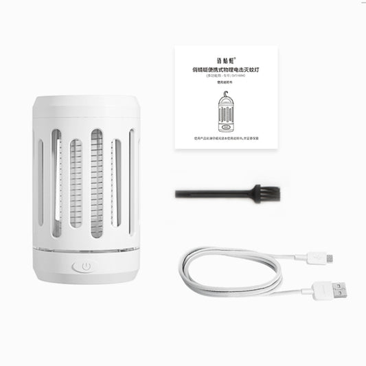 White electric mosquito killer with charging cable and accessory plug shown on flat lay