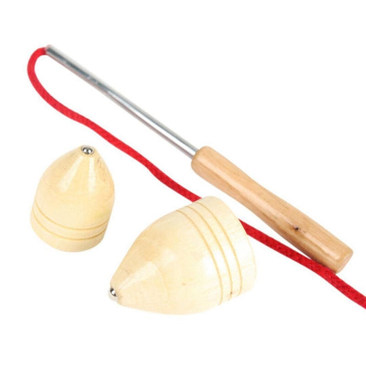 Close-up wooden spinning top with metal rod, red cord, and cone-shaped wooden pieces